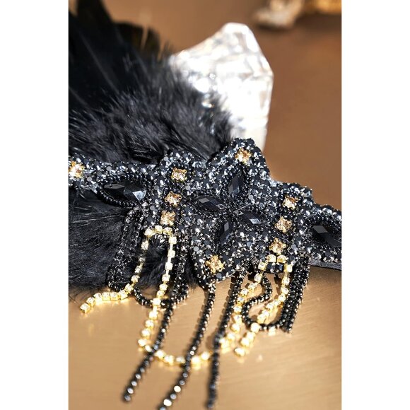 1920s Flapper Headpiece Crystal Beads Feather Headband for Gatsby Costumes - Picture 3 of 5